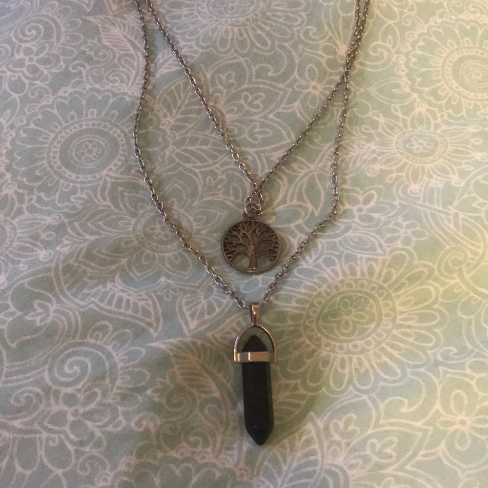 Black gem and tree necklace